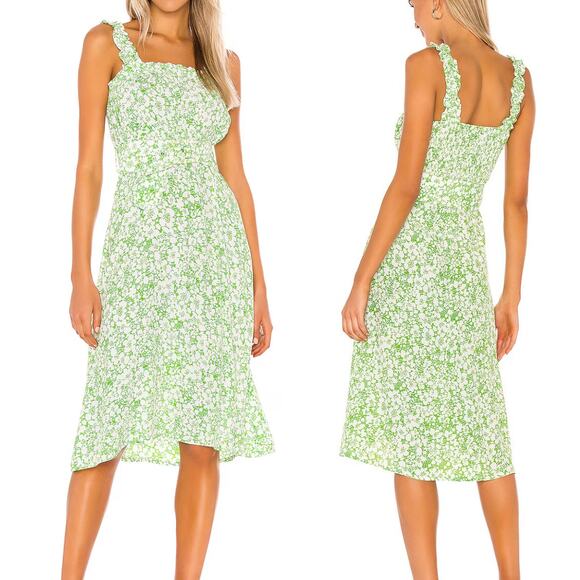 Faithful the Brand NWT Mae Green White Floral Smocked Belted Spring Midi Dress - Picture 1 of 12
